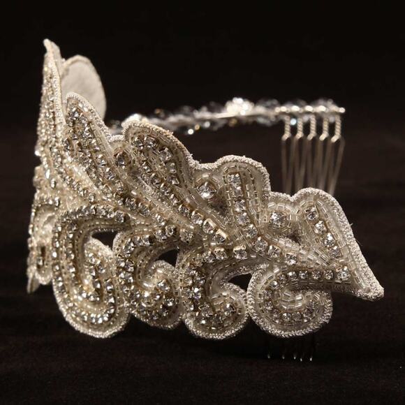 Giavan HB41 Art Nouveau Bridal Headband Headpiece Ivory Silver Beaded main image 5